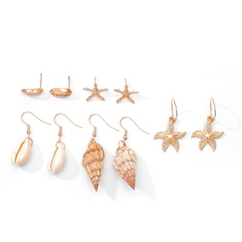 Boho Dangle Earring Set Gold Conch Summer Beach Pendant Earrings Bohemia Jewelry For Women And Girls ("Starfish"(5 Pairs)) #TOP30
