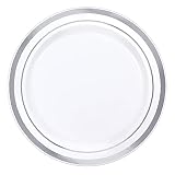 White Plastic Round Plates With Silver Trim - 6.25