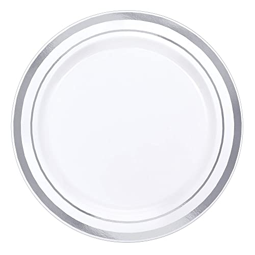 White Plastic Round Plates With Silver Trim - 6.25
