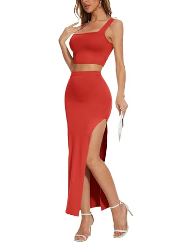 Image of ELLEVEN Two Piece Maxi Skirt Sets for Women, Square Neck Tank Tops with High Side Slit Dress Sets Summer Outfits