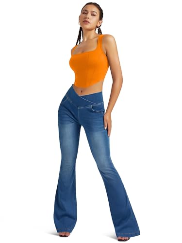 Knit Stretchy Jean Leggings for Women with Crossover High Waisted Bell Bottom Yoga Pants Flare Leggings with Pockets4