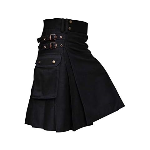 BaronHong Tartan Utility Kilts for Men Linen Tartan Kilt with Straps Large Cargo Pockets(Black,L) Cover