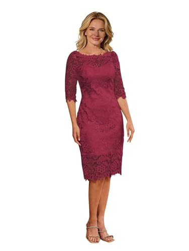 DRIEoue Classic White Lace Sheath Dress Maroon 3/4 Sleeve Scalloped