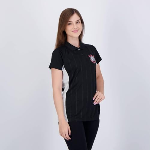 Camisa Corinthians Baby Look Polo Emboss - Feminina (BR, Alfa, GG, Regular, Preto)