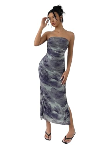 Image of Women's Mesh Floral Strapless Bodycon Maxi Dress Ruched Long Tube Dresses Summe Sexy Party Club Dress Y2K Dresses