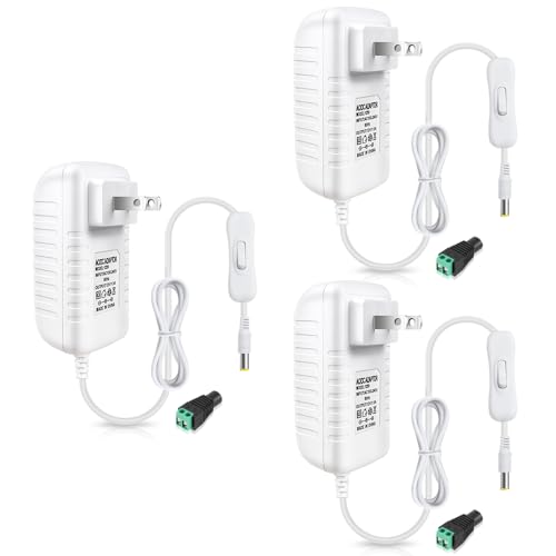 Image of 12V Power Supply, 12 Volt 3A 36W DC Power Supply with On Off Switch, White Switching LED Power Adapter, AC 110V to 12V Transformer Plug for LED Strip Lights with 5.5 /2.1 DC Female Connector, 3 Pack