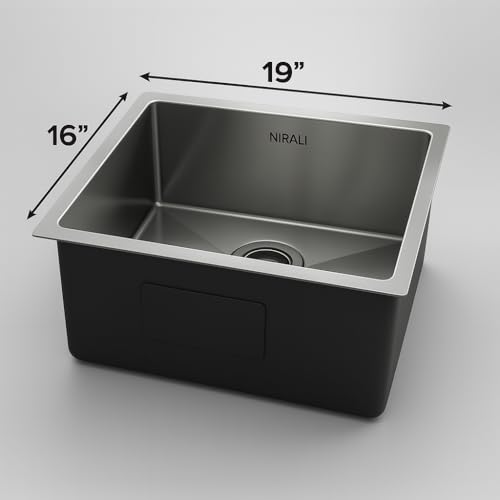 Image of NIRALI Kitchen Sink 19 inch x 16 inch Square 304 Stainless Steel | Single bowl Sink Round Coupling | Rust & Stain Resistant | Matt Finish | Minimizes Sound Molly Square Sink (19 inch x 16 inch x 8 inch)
