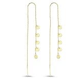 Jewelryist 14k Yellow Solid Gold Disc Dangle Drop Chain Threader Earrings for Women and Girls