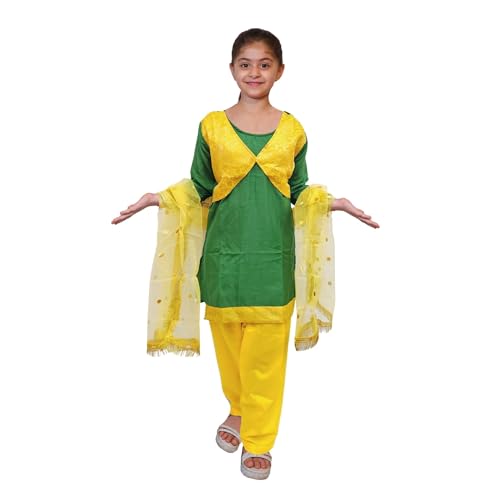 Image of Kaku Fancy Dresses Polyester Indian State Punjabi Folk Dance Costume for Kids /Salwar Suit with Dupatta For Girl Costume - Green & Yellow, 3-4 Years