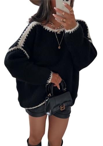 Image of chouyatou Women's Fall Color Block Sweater Casual Loose Crewneck Knitted Pullover Jumper Tops