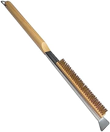 InterMaka 21 Inch Pizza Oven Brush with Scraper, Long Handle Pizza Stone Brush, Grill Cleaning Brush, Outdoor Pizza Oven Accessories with Wood Handle & Brass Bristles