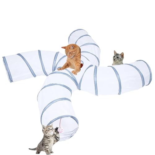 Image of EGETOTA Cat Tunnel for Indoor Cats Large, with Play Ball S-Shape 4 Way Collapsible Interactive Peek Hole Pet Tube Toys, Puppy, Kitty, Kitten, Rabbit (S4 - White & Grey)