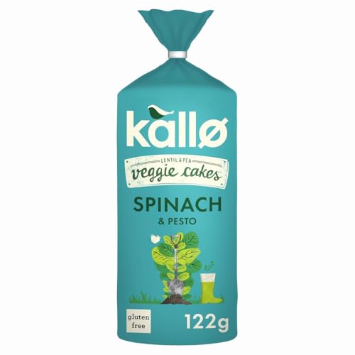 Kallo Lentil & Pea Veggie Cakes Spinach & Pesto 122g x 1 - Savoury Gluten-Free Snack, High in Plant Protein & Fibre, Low Fat with Welari Thank You Card | (1 Pack)