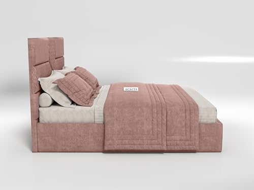 Image of Acacia Modern Upholstered King Size Bed with Box Storage for Bedroom | Wooden Double Bed with Storage | Platform Cot Bed with Upholstery Premium Fabric | 6.5 x 6 Ft | Sheesham Wood (Salmon Pink)