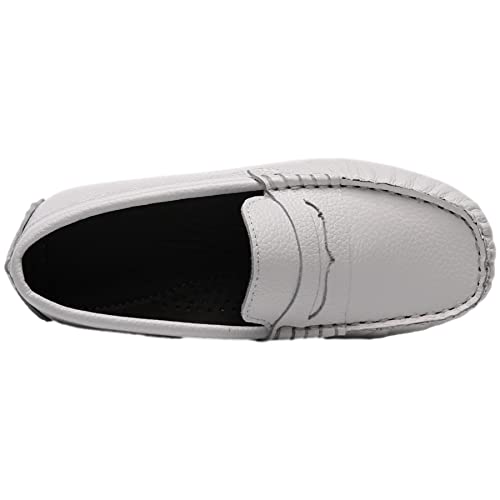 rismart Crianças Couro Casual Mocassins por Menino Menina Slip on Plano Branco,34.5 EU