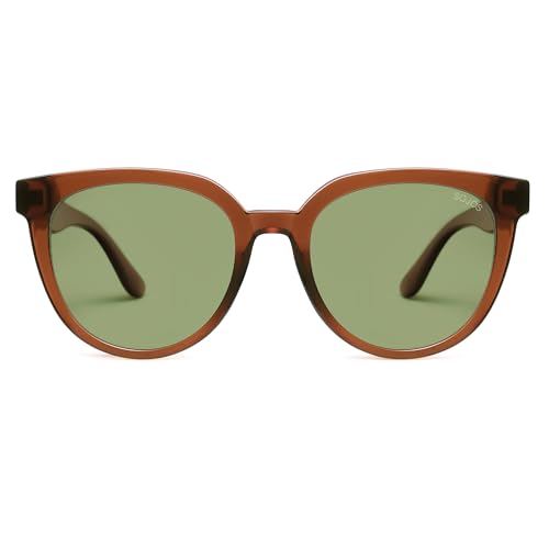 SOJOS Trendy Cat Eye Round Polarized Sunglasses for Women Fashion UV Protection Sunnies Sunglasses SJ2175, Mocha Brown Frame/Light Green Lens