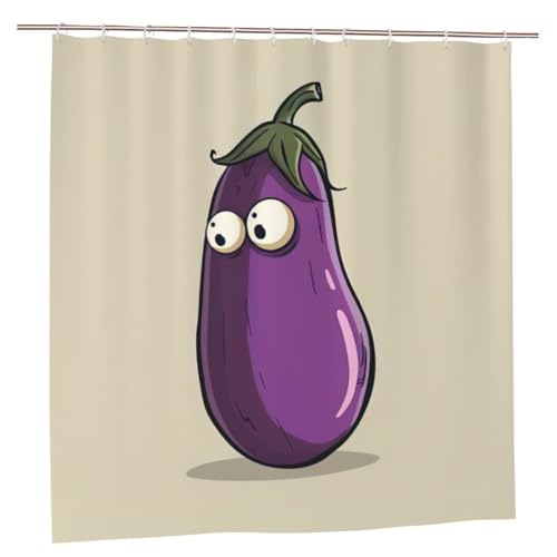 JEJEA Duschvorhang mit Schnappverschluss, Polyester, mit Cartoon-Auberginen-Druck, Badezimmerzubehör mit 12 rostfreien Ösen, 183 x 183 cm