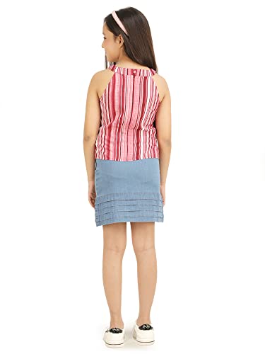 Image of Multicolor Color Striped Denim & Polyester Above Knee Top & Skirt