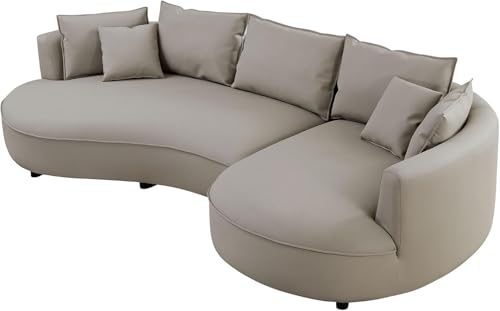 Image of Modern Curved White Sofa Couch with Plush Pillows - 4 Seater Upholstered Living Room Sofa | Contemporary Minimalist Design for Home, Office & Lounge.