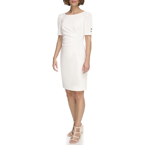 Image of DKNY Women's Short Sleeve Ruched Knee Length Sheath Dress with Button Detail