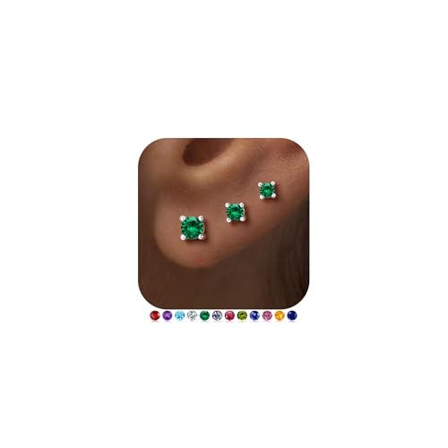 M MOOHAM May Emerald Green Birthstone Stud Earrings for Women, Hypoallergenic Silver Earring Dainty Cubic Zirconia Cartilage Earring Stack, Perfect Birthday Gifts for Her Women