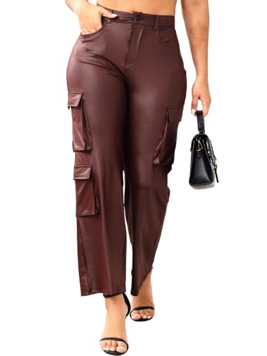Pantalon cargo Y2K jambes larges en similicuir doux avec poches