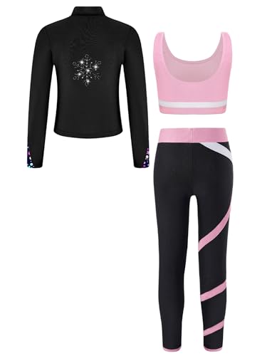 Kid 3 Pieces Girl Sports Dance Outfit Crop Tank Top with Athletic Leggings and Long Sleeve Jacket Set Tracksuit2