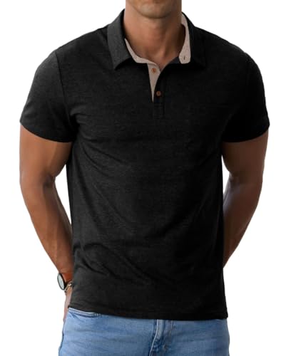 PrinStory Polo de manga corta para hombre, color de contraste, con bolsillo en el pecho, Negro , S