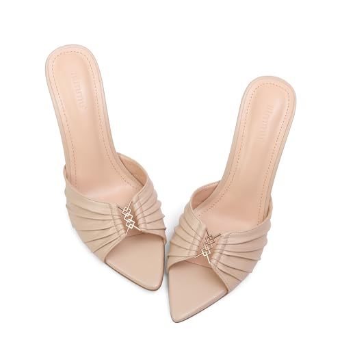 Image of iiimmu 3.5 IN Stiletto Mules High Heels with Pointed Peep Toe Heeled Sandals Faux Leather