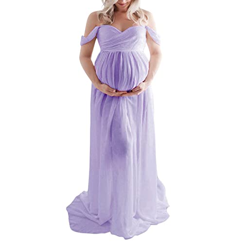 Loalirando Vestido de Embarazo Shooting Foto de Gasa Ligera, Vestido de Maternidad Maxi-Largo Hombro Desnudo para Fotografía, morado, L