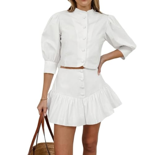 Women's Office Work 2 Piece Skirt Sets Button Puff Sleeves Tops Matching Ruffles Mini Skirt