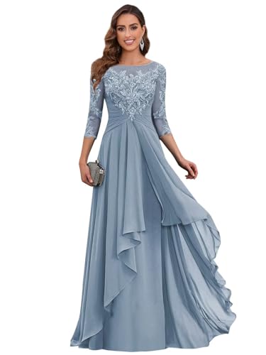 Fu Jiang Chiffon Mother of The Bride Dresses Petite for Women Long Lace Evening Gowns with Sleeves...