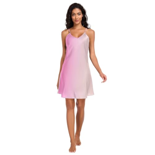 Chemise de nuit courte en soie rose col en V et bretelles réglables