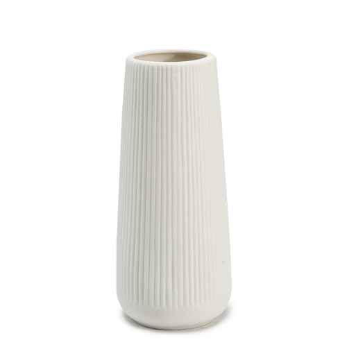 Image of Ceramic Vase for Flower, Pampas Grass Vase, 7.8''H Ribbed Decor Vase, White