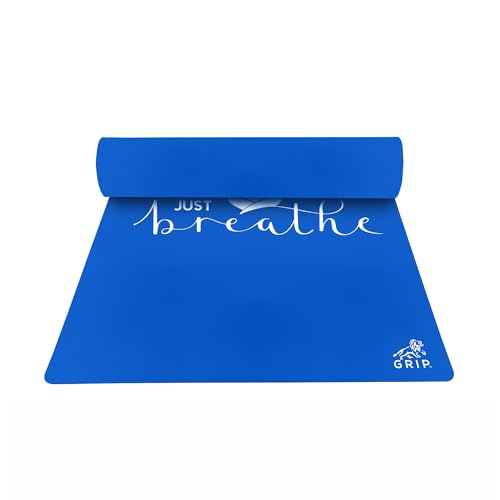 Image of GRIP Yoga Mat | 36 x 75 Inches | 12mm Thick | Just Breathe Design | Anti-Slip | Home & Gym | Men & Women | Blue Color