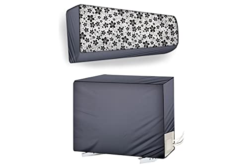 Image of The Furnishing Tree Split AC cover for indoor and outdoor unit of 2 ton waterproof and dustproof Grey and Black Floral pattern
