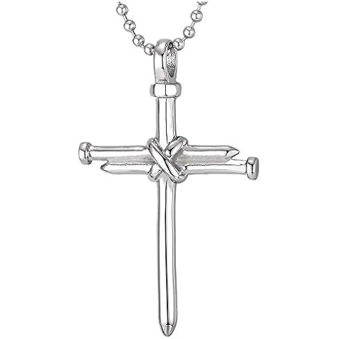 iMECTALII Mens Women Stainless Steel Nail Cross Pendant Necklace, 23.6 inches Ball Chain, Polished Cover