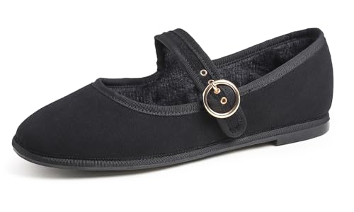 FEVERSOLE Women's Soft Breathable Mary Jane Memory Foam Cushioned Comfort Round Toe Metal Buckle Flats Walking Shoes Black Corduroy Fur Lined Size 9 M US