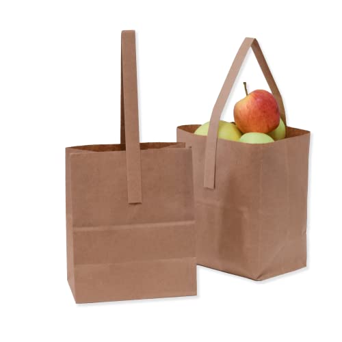 Medium 8 x 6.75 x 4.25 Inch Kraft Paper Bags with Paper Handles - Half Peck Apple/Produce Bag (50)