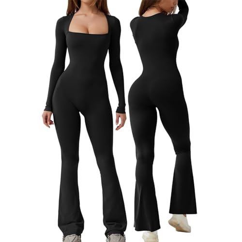 Carolilly Womens Yoga Long Sleeve Exercise Jumpsuit Long Sleeve Square Neck Solid Slim Fit Romper Clubwear Backless Jumpsuit for Women Workout One Piece Bodysuit (Black1, M)