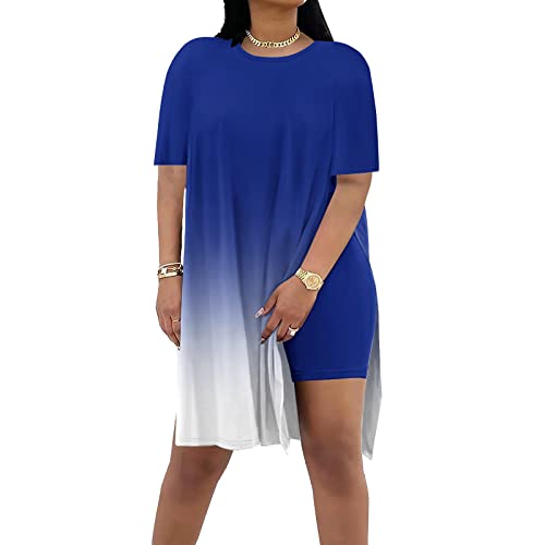 AOMONI Women's Two Piece Outfits For Women Summer Casual Tracksuit Side Split Short Sleeve Tunic Tops Shorts Sets Gradient Blue Large