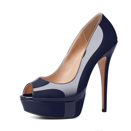 YODEKS Women's Peep Toe Platform Stiletto High Heel Pumps Thin Heel Dance Party Dress Shoes Patent Navy 9.5 M US Size