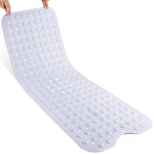 Image of Yimobra Long Bath Tub Mat Non-Slip 40"x16", Super Strong Suction Cups, Shower Mat with Drain Holes, Machine Washable Bathroom Floor Mat, Bathroom Essentials, White