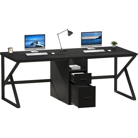 IBF Black Computer Table with File Drawer, 79" Gaming Writing 2 Person Desk with Storage Cabinet Shelf, Modern Large Extra Long Wood Metal Dual Office Desk Industrial Work Study Double Computer Desk Cover