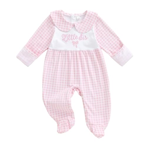Newborn Baby Girl Footie Romper Bow Plaid Print Peter Pan Collar Long Sleeve Jumpsuit One Piece Fall Outfit