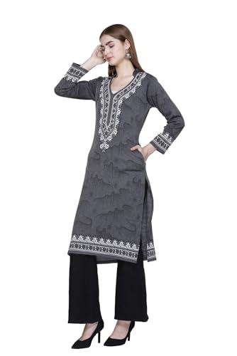 Image of REBECCA Women's Winter Woolen Kurti Jacquard Straight Fit Ethnic Wear with 2 Side Pockets