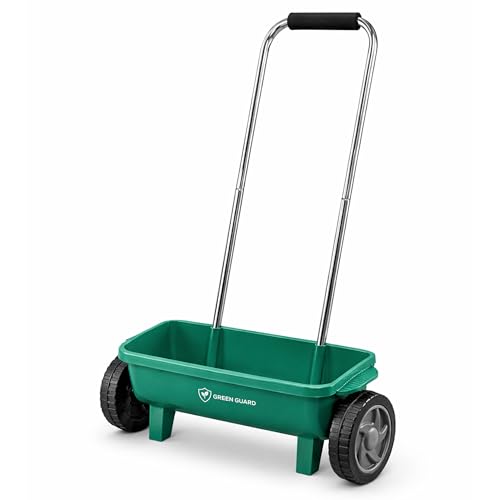 Green Guard Lawn and Garden Seed Spreader on Wheels - 12L Drop Lawn Feed Spreader for Fertiliser Feed and Grass Seed - Adjustable Handle & Flow Control Large Wheels Garden Spreader