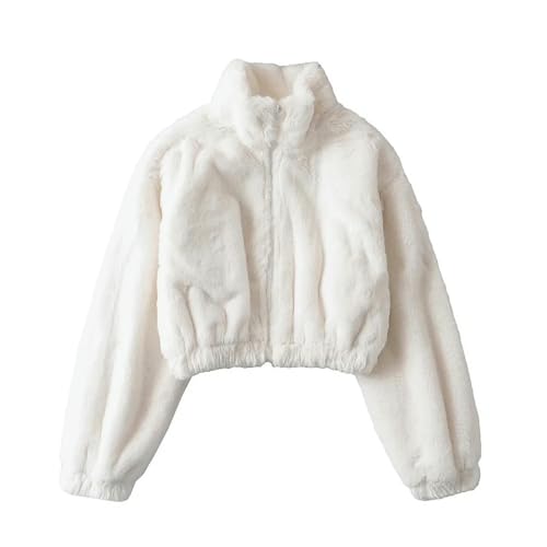 Abrigo Suelto Mujer Otoño e Invierno Chaqueta Corta Gruesa con Cuello Medio Alto Cremallera Top cálido-Blanco-M