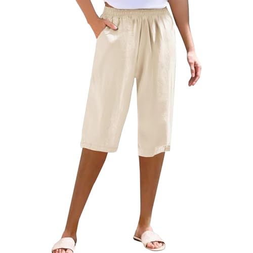 Bermuda large en lin pour femme avec taille élastique et poches