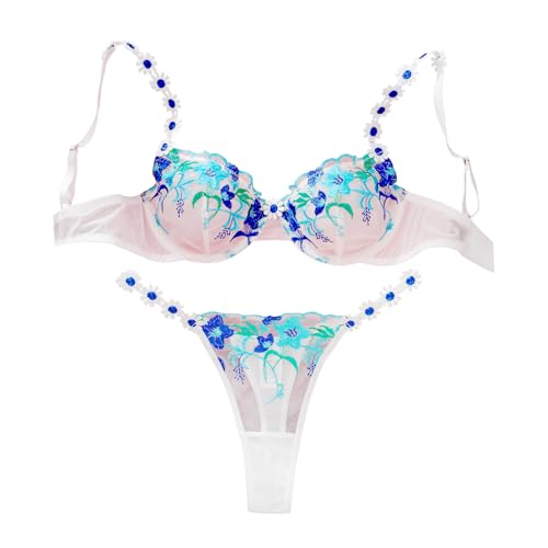 Lingerie Set for Women Blue Floral Embroidered Womens Lingerie Bra and Panty Underwear Outfits